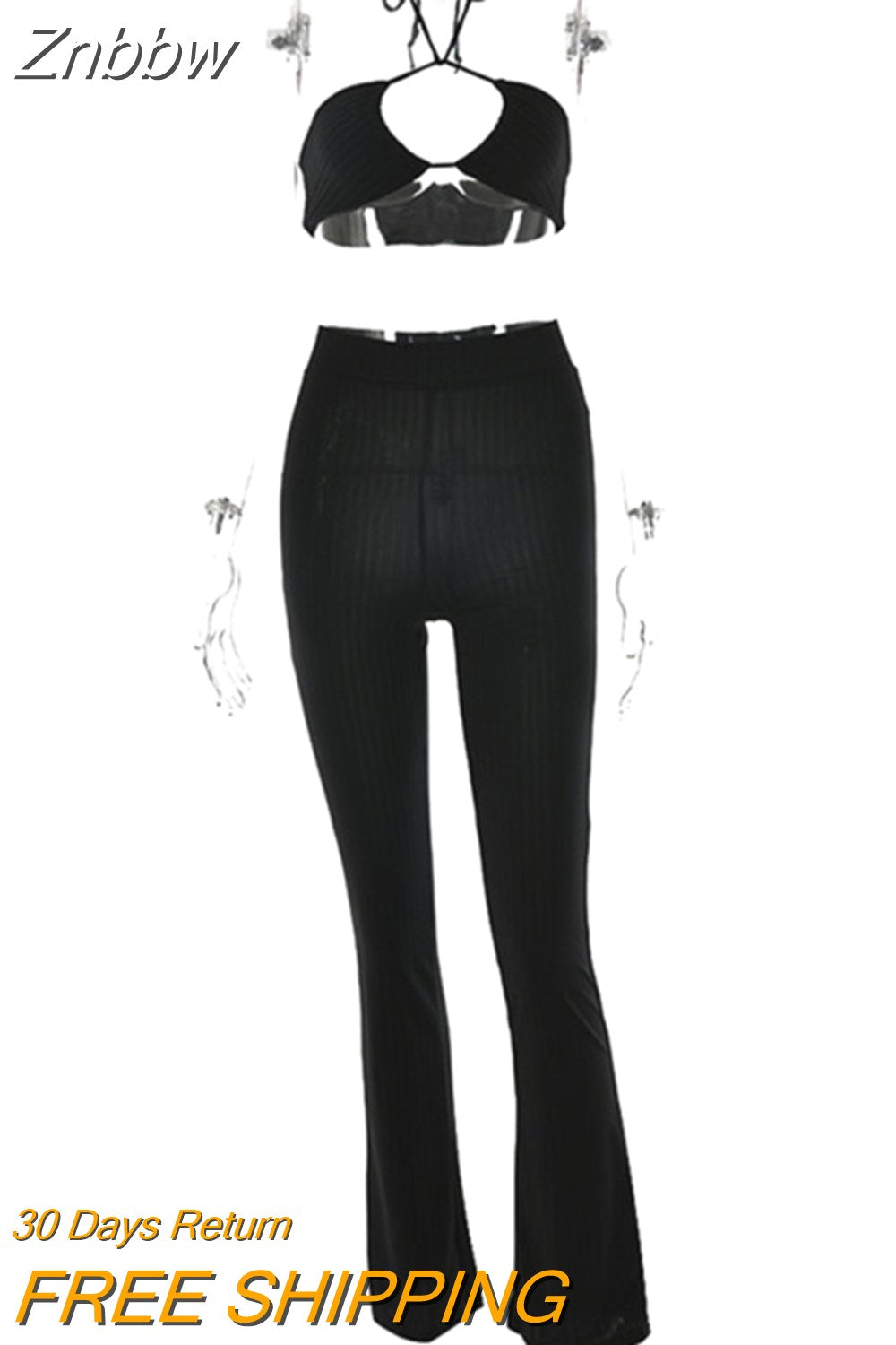 Znbbw Knit Ribbed Two Piece Set For Women Sexy Halter Corset Tank Tops And Straight Pants Sets White Hollow Out Trouser Set