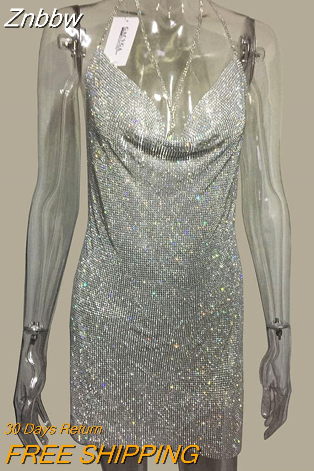 Znbbw Crystal Metal Halter Shining Summer Dress High Split Women Beach Dress Sequin Mini Sexy Party Dresses Vestidos