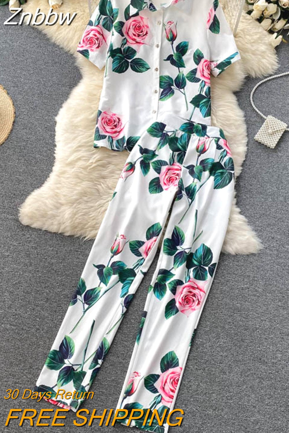 Znbbw Summer Women Clothing Runway Suits Short Sleeve Floral Print Shirt + Hight Waist Pencil Pants 2 Piece Set outfits N69131