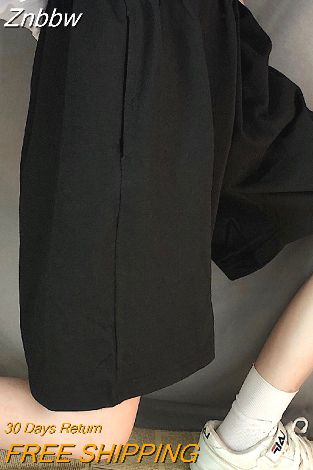 Znbbw Summer Black Short Women Fashion Ladies Elastic Waist Short Pant High Waist Streetwear Wide-leg Oversize Simple Unisex Short