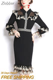 Znbbw 2023 Autumn Fashion Runway Mermaid Dress Women's Flare Sleeve Elegant Floral Embroidery Mesh Patchwork Midi Dresses Vestidos