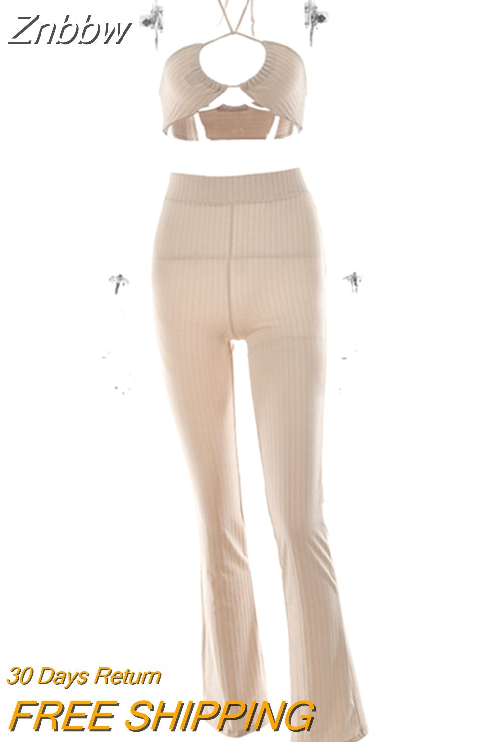 Znbbw Knit Ribbed Two Piece Set For Women Sexy Halter Corset Tank Tops And Straight Pants Sets White Hollow Out Trouser Set