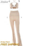 Znbbw Knit Ribbed Two Piece Set For Women Sexy Halter Corset Tank Tops And Straight Pants Sets White Hollow Out Trouser Set