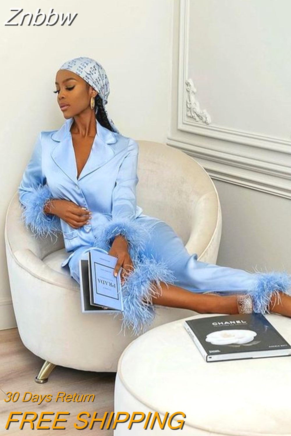 Znbbw Satin Feather Women 2 Piece Set Fashion Long Sleeve Bowknot Up Long Blouse Female Shirt Tops Wide Leg Pants Suit Outfits