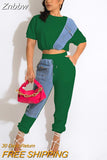 Znbbw Jean Patchwork Women Two 2 Piece Set 2023 Summer Tee And Jogger Pants Matching Set Female Suits