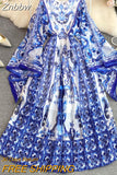 Znbbw Dress Women Batwing Sleeve Blue and White Porcelain Printing Bohemian Vacation Fashion Designer Summer Dresses Faldas 2023