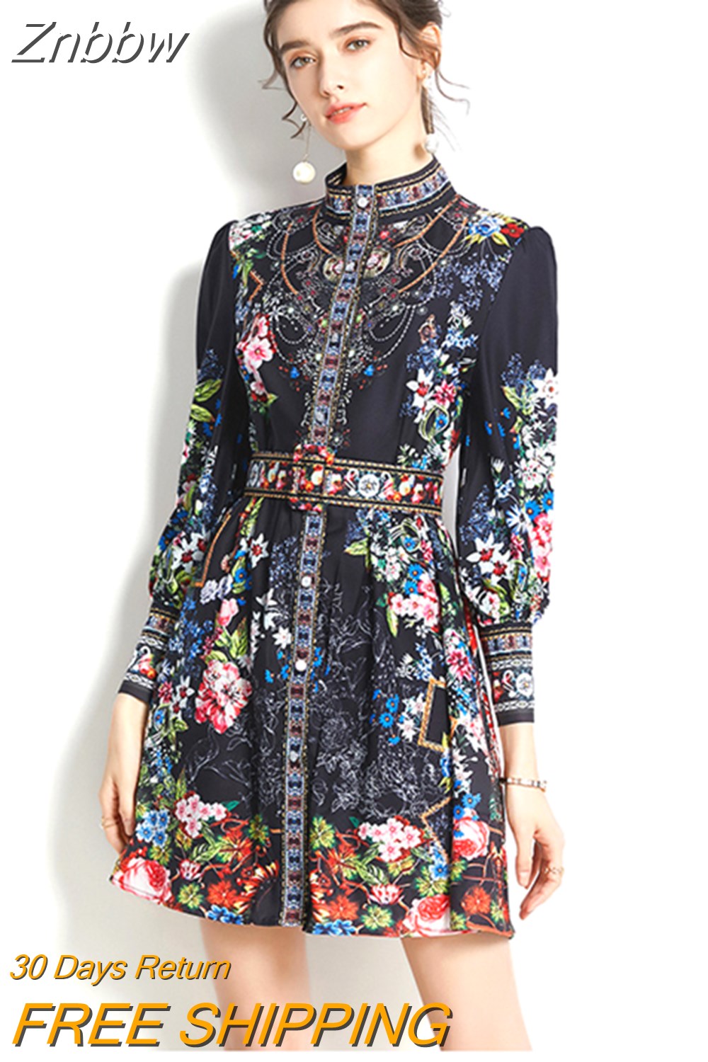 Znbbw New Fashion Runway Spring Women Lantern Long Sleeve Multicolor Floral Print Dress Boho Holiday Beach Ladies Mini Dress