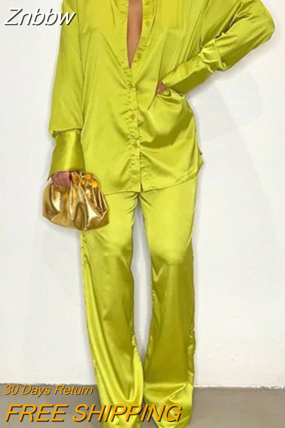 Znbbw Women Elegant Satin Two Piece Sets Casual Feamle Solid Loose Outfits Long Sleeve Shirt And Wide Leg Straight Pants Suits 2023