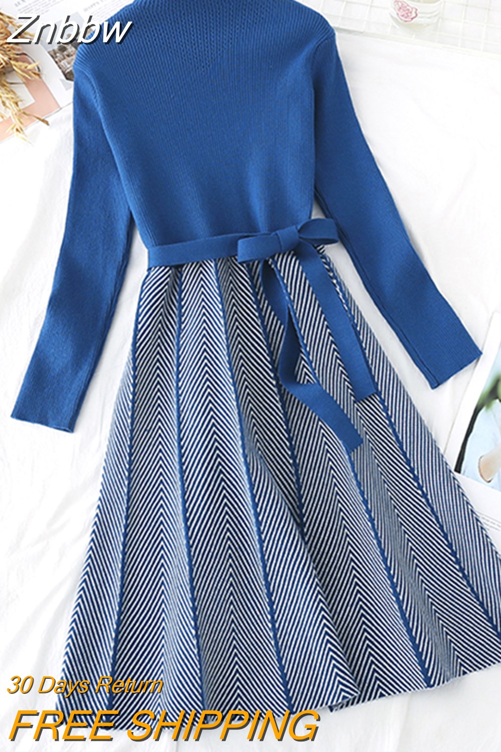 Znbbw High Collar A-line Knit Dress Women's 2023 Autumn Winter Thickened Arrow Striped Women Elegant Sashes Knitted Dress