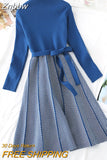 Znbbw High Collar A-line Knit Dress Women's 2023 Autumn Winter Thickened Arrow Striped Women Elegant Sashes Knitted Dress