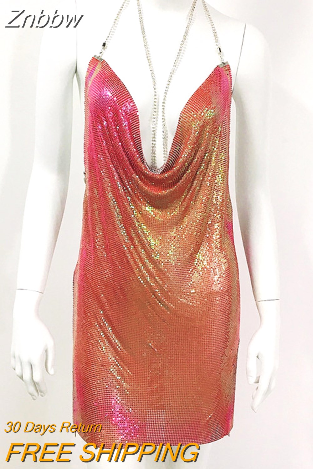 Znbbw Sexy Diamond Halter Metal Party Dresses Gold Silver Summer Dress Vesitos Backless Sequins Women Bodycon Dress