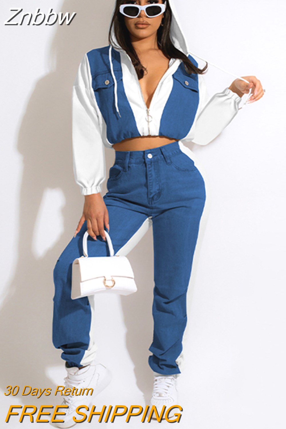Znbbw Women Casual Jean Patchwork Hooded Tracksuit Female Tops Jogger Long Sleeve Pants Suit 2023 New Fashion Two 2 Piece Set Outfit