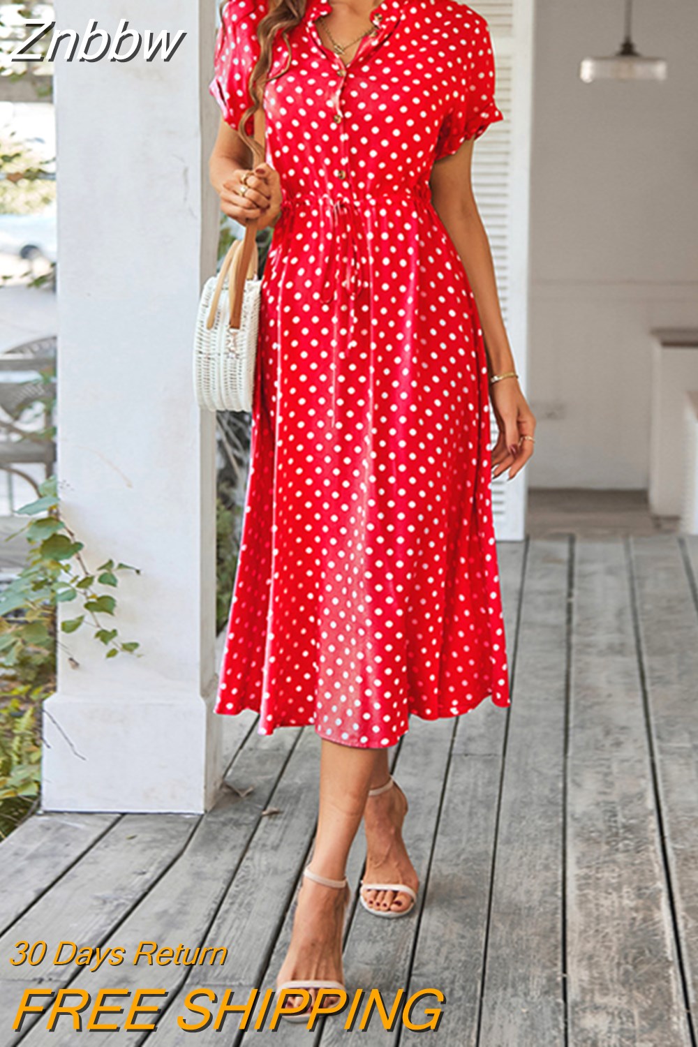 Znbbw Dot Dress Women 2023 New Summer Casual V-Neck Button Short Sleeve Midi Dresses Female Holiday Boho Beach Dresses Vestidos