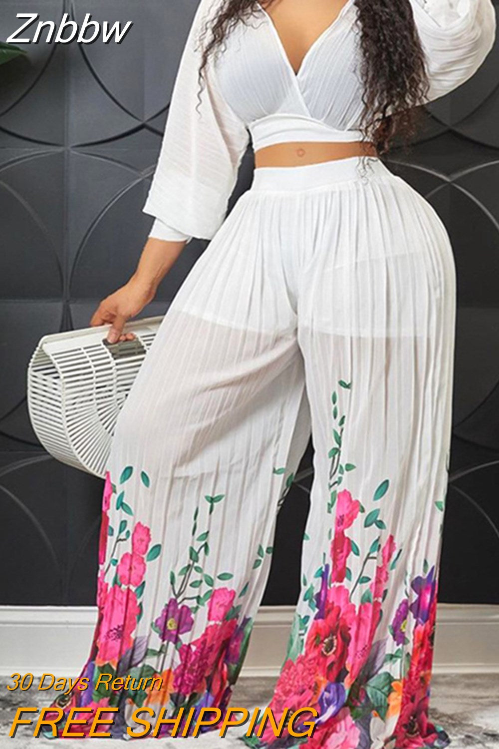 Znbbw Women Print Pleated Wide Leg Pants 2 Piece Sets Solid V-neck Long Sleeves Crop Tops Suits Summer female Floral Vacation Outfits