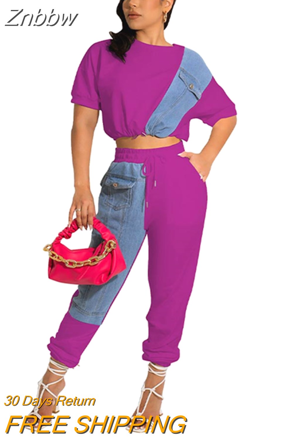 Znbbw Jean Patchwork Women Two 2 Piece Set 2023 Summer Tee And Jogger Pants Matching Set Female Suits