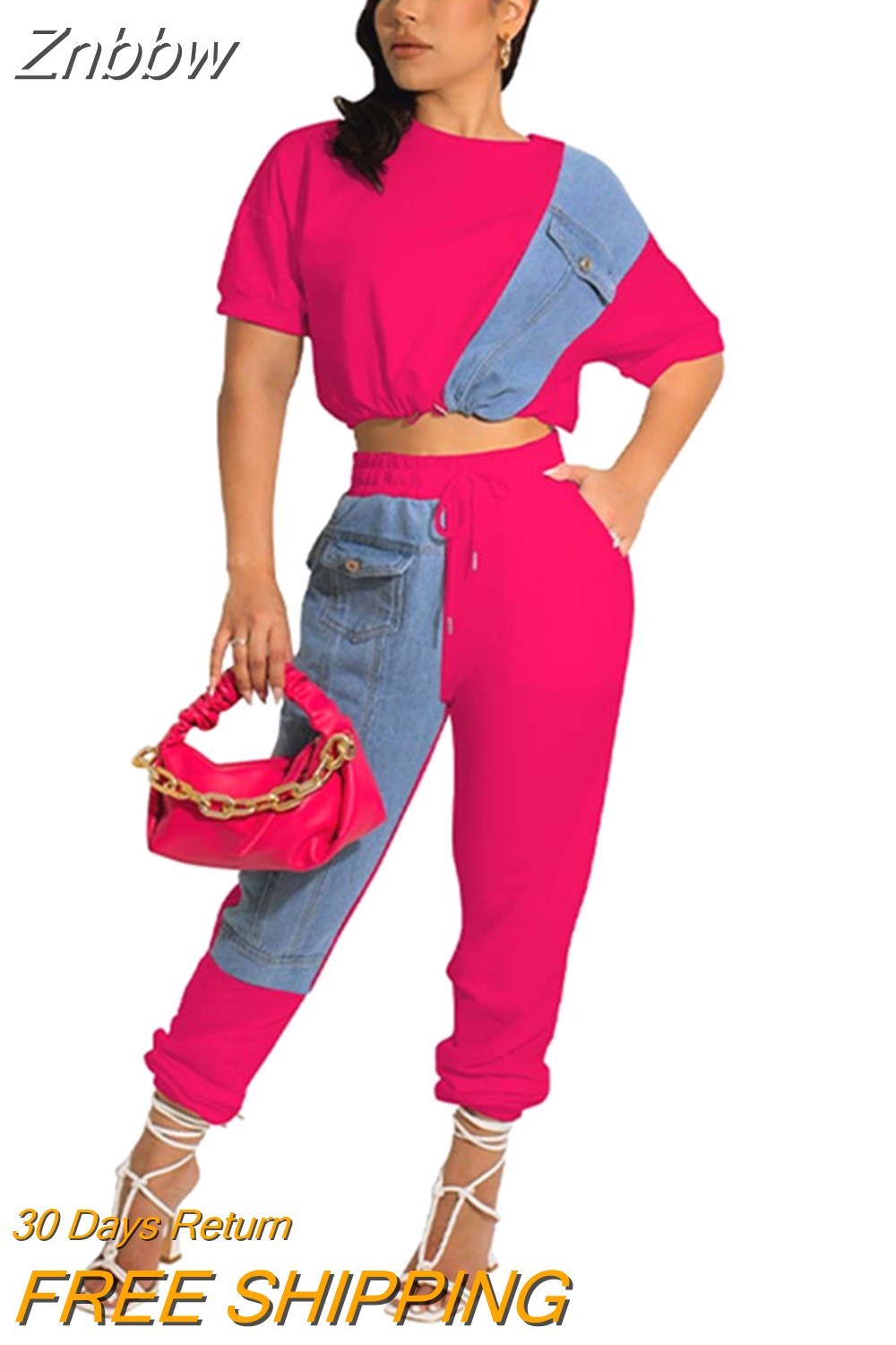 Znbbw Jean Patchwork Women Two 2 Piece Set 2023 Summer Tee And Jogger Pants Matching Set Female Suits