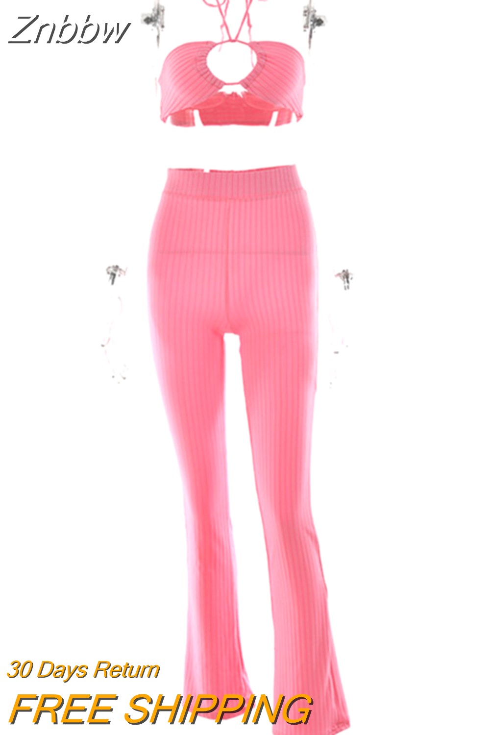 Znbbw Knit Ribbed Two Piece Set For Women Sexy Halter Corset Tank Tops And Straight Pants Sets White Hollow Out Trouser Set