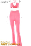 Znbbw Knit Ribbed Two Piece Set For Women Sexy Halter Corset Tank Tops And Straight Pants Sets White Hollow Out Trouser Set
