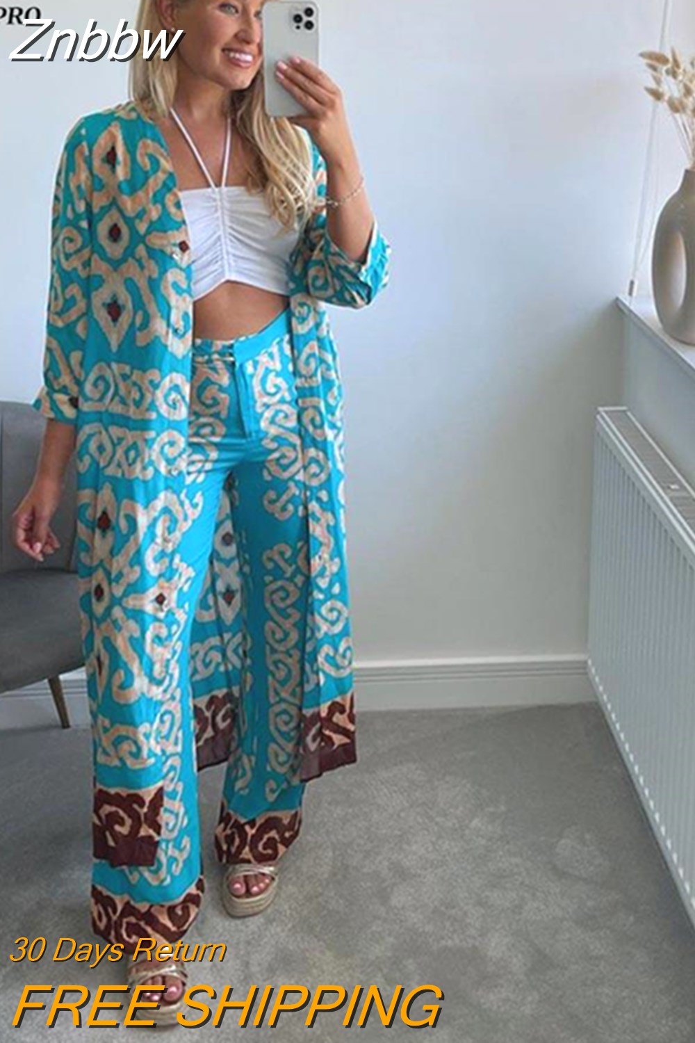 Znbbw Lady Casual Set 2023 Female Vintage Temperament V-neck Printed Tunic Midi Dress+belted High Waist Straight Wide Leg Pants