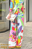 Znbbw Long Sleeve Printed Shirt 2 Piece Set Women Elegant Lapel Single-breated Top Suits Female Fashion Wide Leg Pants Outfits