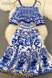 Znbbw Fashion Runway Midi Dress Women's Cool Shoulder Flare Sleeve Blue and White Porcelain Printing Holiday Beach Vestidos