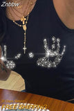 Znbbw Rhinestone Hand Print Crop Top Women Summer Sleeveless Baby Tee Vintage Grunge Slim T-shirt 90s Aesthetic Gothic Tights Vest