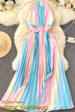 Znbbw Summer Temperament Vestidos Feminine Strapless Sling Square Collar Rainbow Gradient Color Slimming Holiday Midi Dress C361