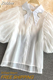 Znbbw Summer New Fashion Korean Retro Blouse Female Irregular Rhinestone Lapel Puff Sleeve Blusa Short Shirt KK1100