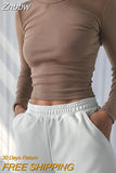 Znbbw Neck Long Sleeve Shirt Women Ribbed Sexy Cropped Tops 2023 Spring Black Casual Skinny Slim Basic Woman T Shirts White