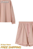 Znbbw Women Solid Tracksuits Casual Long Sleeve Pullover with Pockets Shorts Two Piece Set Sport Fashion Loose Matching Sets Outfits