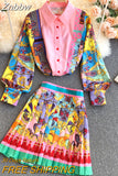 Znbbw Women Fashion Luxury Print Shirt Top + Pleated Mini Skirt New 2023 Spring Autumn Vintage Long Sleeve Buttons Party 2 Piece Sets