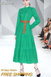 Znbbw 2023 Spring Embroidery Long Dress Women White Black Green Hollow Out Single Breasted Long Sleeve Ladies Party Dress