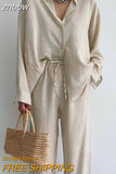 znbbw Spring Summer Solid Two Pieces Set Women Loose Shirt Pants Trousers Drawstring High Waist Casual Women' Set Lounge Pajamas