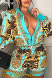 Znbbw Printed Sets Women Long Sleeve Zipper Shirt Top Shorts Two Piece Set 2023 Summer Female Party Club Outfits
