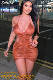 Znbbw Women Sexy Autumn Winter Bodycon Hollow Out Party Club Brown Mini Dress 2023 Fall Clothes Wholesale Items Dropshipping