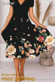 Znbbw Dresses Woman 2023 V-Neck Floral Printed Boho Dresses Summer Short Sleeve Loose Retro A-Line Plus Size Female Dress Robe