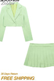 Znbbw TRAF 2023 Fashion Women Green Blazer Suits Open Stitch Long Sleeve Crop Top Female Shorts Skirts Thin Y2K 2 Piece Set