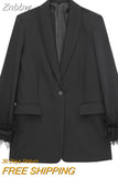 Znbbw Sleeve Blazer Pant Sets Women Fashion Single Button Jacket Zipper Trousers Autumn Winter Office Outfits Outwear 2023 0410