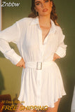 Znbbw Elegant Long Sleeve Shirt Dress Women Casual Blouse Dresses Sexy Loose Single Breasted Waistband Pleated Mini Dress
