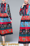 Znbbw Women's O Neck Long Sleeves Bow Detailing Fixed Pattern Floral Printed Striped Pleated Elegant Midi Runway Dress
