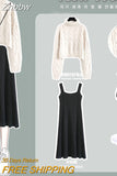 Znbbw Women's Autumn Winter Pink Sweater Korean Lady Casual Knit Pullover Black Dress Two Piece Set 2023 New Elegant Outfits