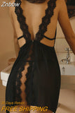 Znbbw Summer Women Sexy Sleepwear V-Neck Backless Nightdress Casual Nightgown Comfortable Lace Pajama Bifurcation Nightwear