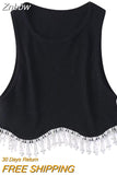 Znbbw Street Sexy Hem Tassel Diamond Beading Knitting T Shirt Chic Short Camis Tank Lady Slim Crop Vest Tops
