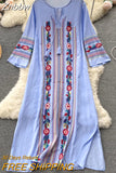 Znbbw Ethnic Style Loose and Thin Embroidery Lace Round Neck Dress Female Seaside Holiday Chic Long Trend Vestidos Women D1467