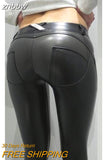 znbbw PU Faux Leather Pants Women Elastic Waist Hip Push Up Black Sexy Female Leggings Jegging Casual Blue Skinny Pencil Pants
