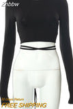 Znbbw Backless Lace ups Pullover Tees Women Autumn Black O-neck Slim Longsleeve Short T-Shirt