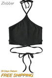 Znbbw Women Halter Tie Back Cropped Camisole Halter Neck Tie Waist Tank Top
