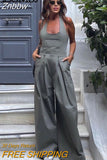 Znbbw TRAF Sexy V Neck Soild Halter Jumpsuit Women's Clothing Elegant Sleeveless Backless Casual Trousers Wide Leg Pants