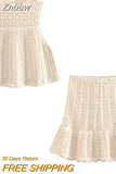 Znbbw TRAF Y2K Hollow Out Knitted Women Summer 2 Piece Sets 2023 Thin Sleeveless Crop Top Female Ruffles Mini Skirt Suits