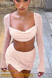 Znbbw Beaded Dress Set Women Long Sleeve Crop T-Shirt and Mini Skirt Two Piece Set Sexy Club Outfits Birthday Clothes